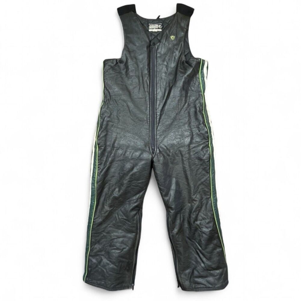 1970s Arctic Wear Faux Leather Insulated Snowmobile Bibs Green Trim XL